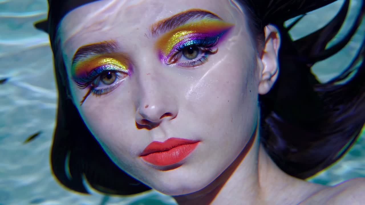 Captivating close up of a model's face submerged in water, her vibrant, glittery eye makeup and orange lips creating a striking contrast against the rippling surface