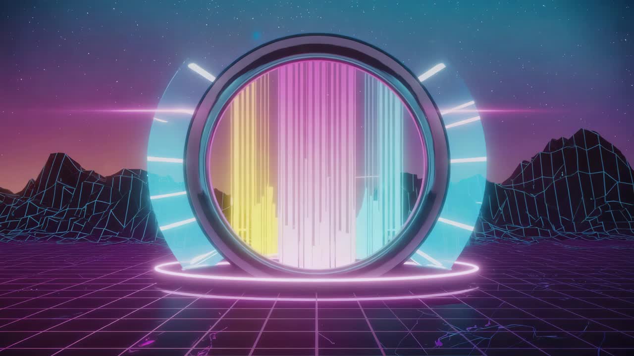 Retro Synthwave Landscape with Neon Portal and Grid