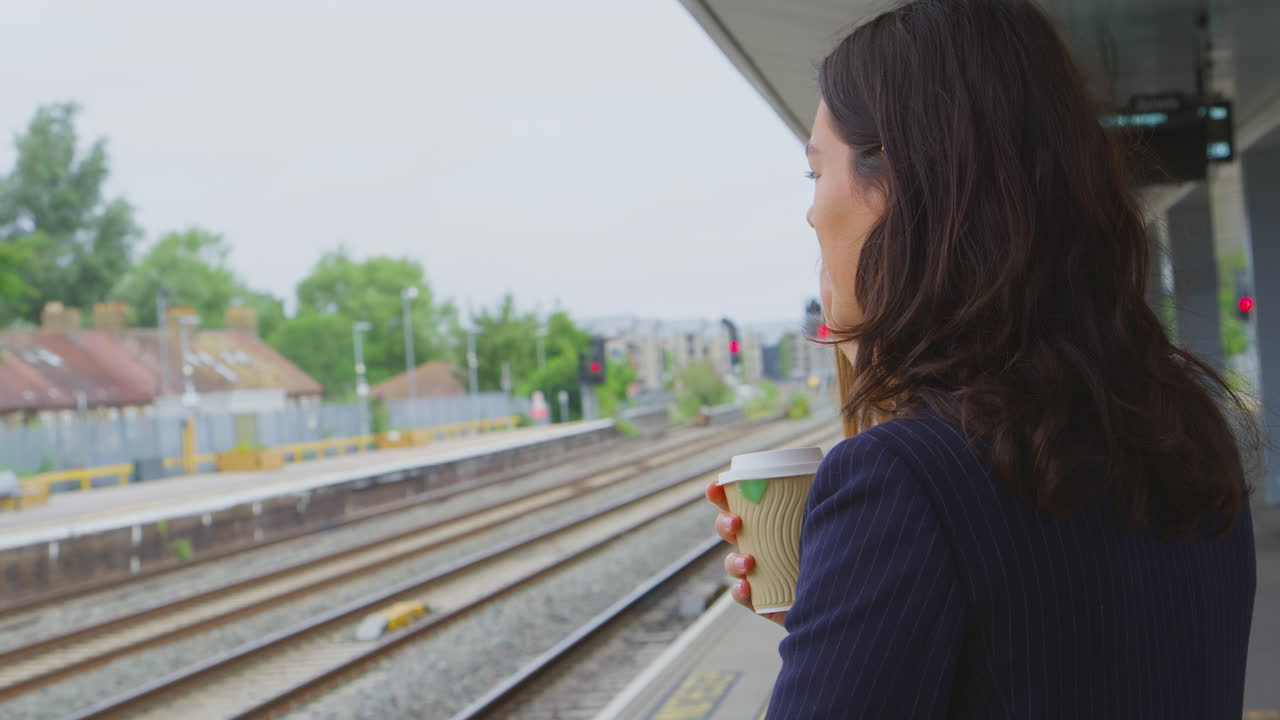dos mujeres de negocios que viajan al trabajo esperando el tren en la plataforma de la estación hablando juntas