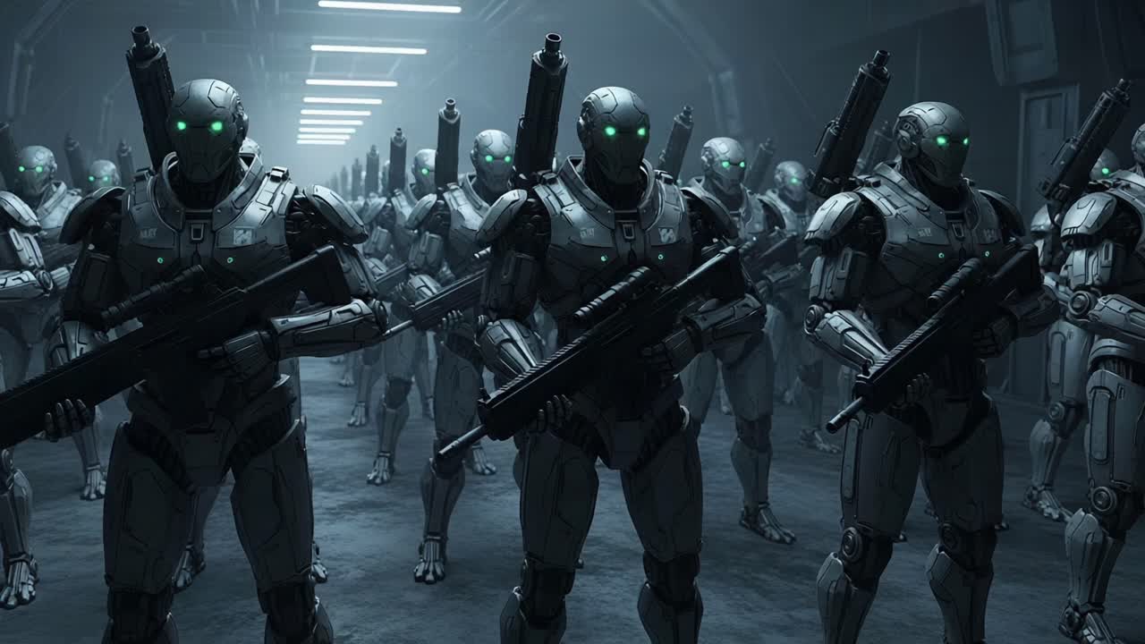 A formidable line-up of advanced robotic soldiers stands ready for action in a high-tech environment, showcasing cutting-edge design and futuristic weaponry