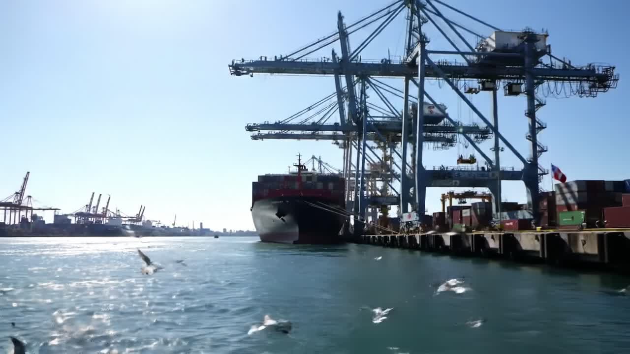 Massive cargo ship docks at a bustling port while seagulls fly above the clear waters, highlighting the dynamic interplay of shipping and nature
