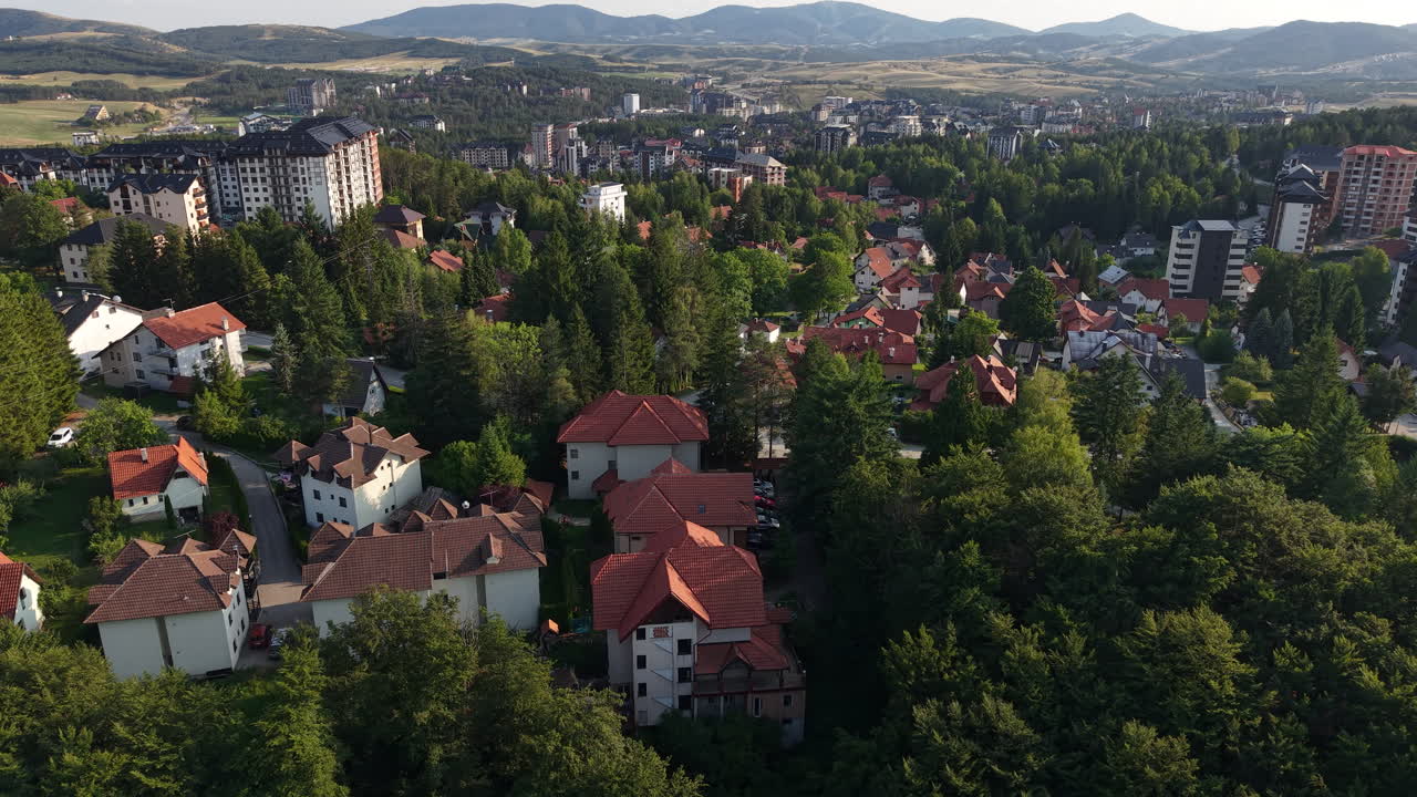Zlatibor, Serbia. Revealing Drone Shot of Mountain Resort, Apartment Buildings and Landscape