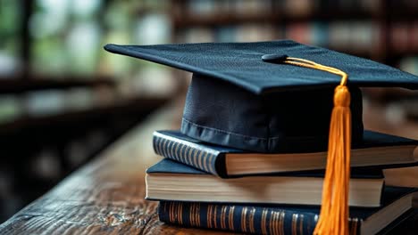 graduation cap on books