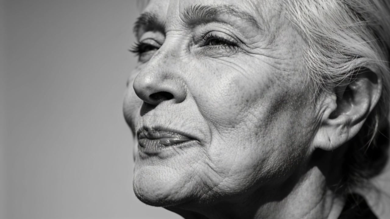 Filming senior woman shifting subtle smile and tilt in studio for portrait study, showing earring