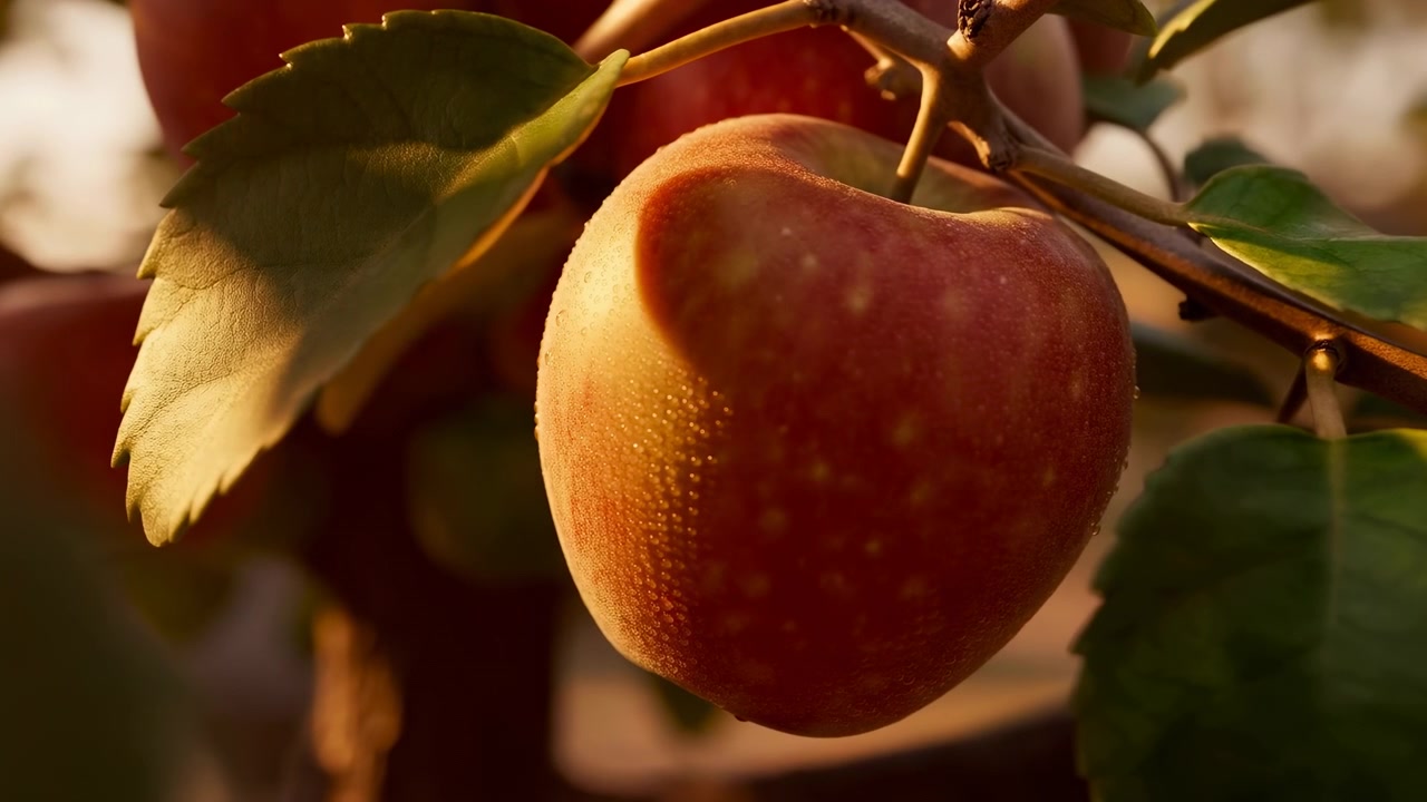 Mela verde su ramo legnoso che matura dal verde al rosso tra le foglie circostanti, con pori fini, gocce di rugiada, calda luce solare dal basso, ombre morbide e una delicata texture naturale, un frutto.
