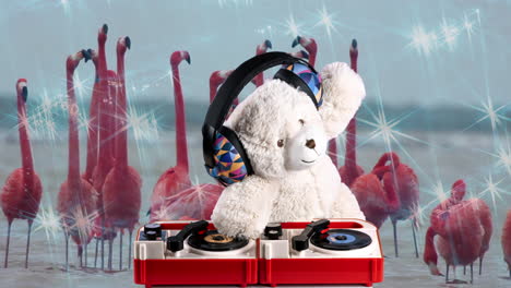 teddy bear dj with flamingos