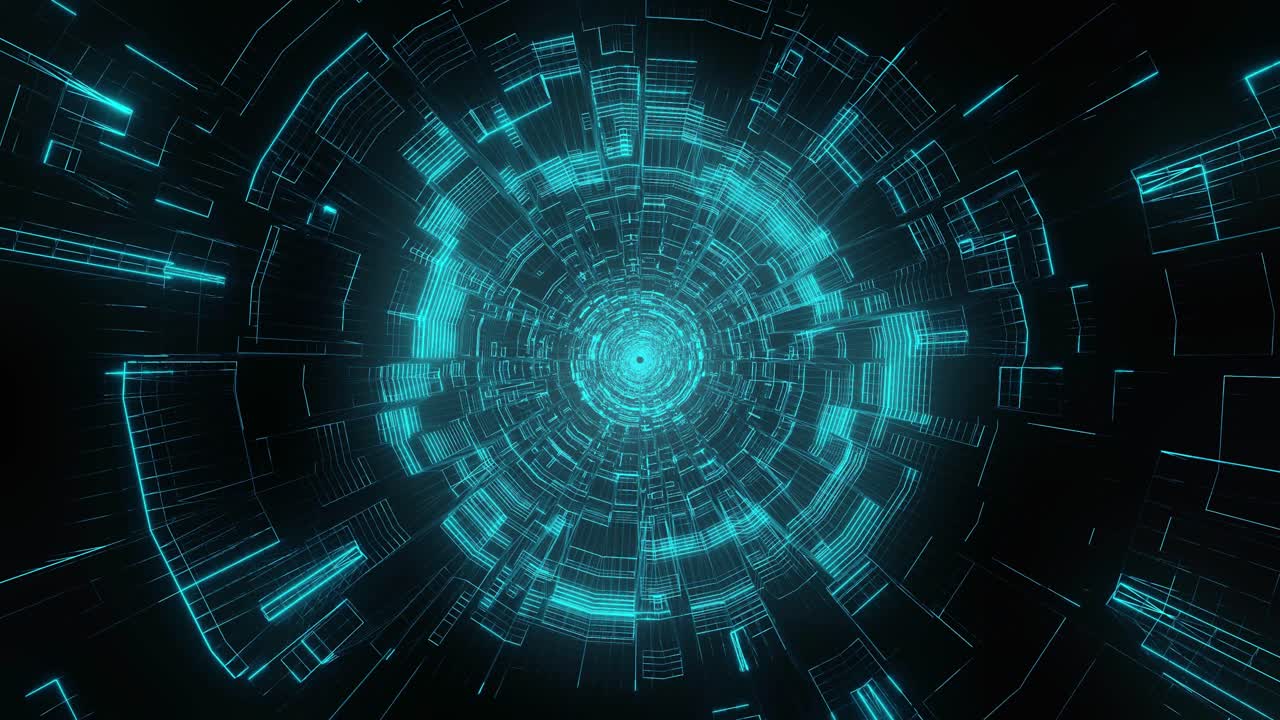 Infinite flight into cosmic web structure, abstract neon blue circle sci-fi tunnel. Futuristic VJ loop motion graphics for music video, night club concert, audio visual show background. Time warp portal. 3D animation 4K loop