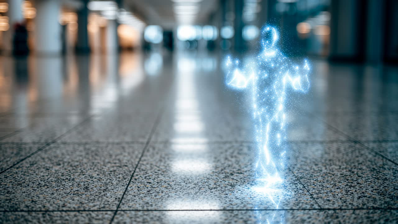 Hologram at modern airport. A holographic figure shines in an empty airport terminal, showcasing advanced tech in a busy transit hub