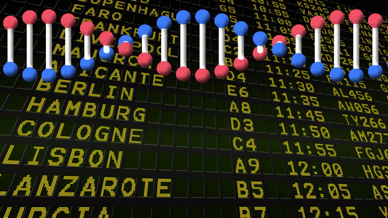 공항 정보 게시판에 대해 회전하는 dna 구조의 디지털 애니메이션
