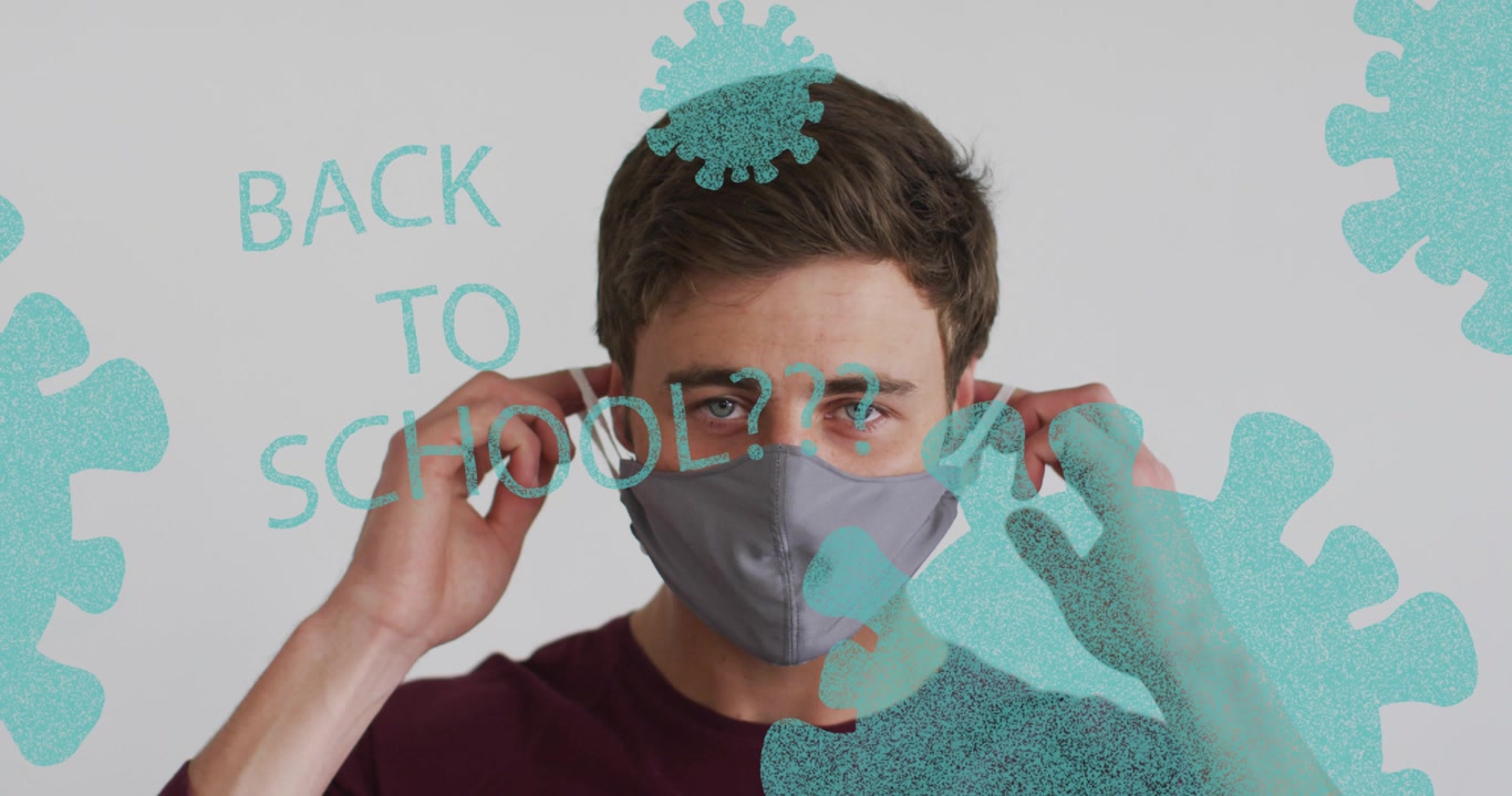 Man holding mask, raising and securing over nose, teal graphics highlighting back to school health