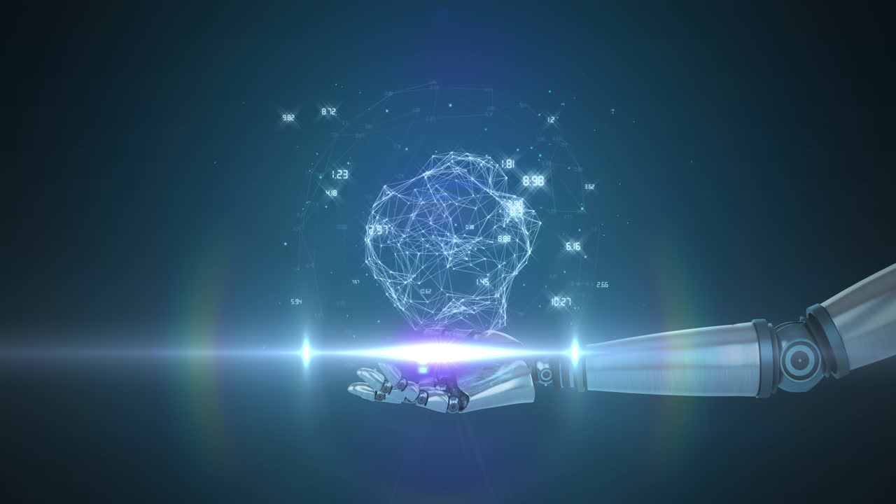 어두운 배경에 움직이는 빛과 함께 로 ⁇  팔의 손에서 네트워크 처리 데이터의 애니메이션