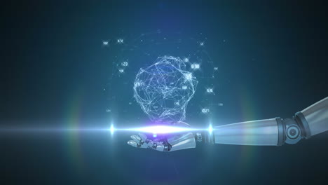 animación de datos de procesamiento de red sobre la mano del brazo del robot, con luz en movimiento sobre fondo oscuro