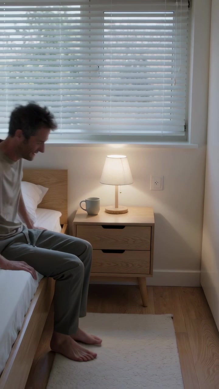 Vertical video: Shifting barefoot man rising, reaching for mug on table in bedroom, copy space