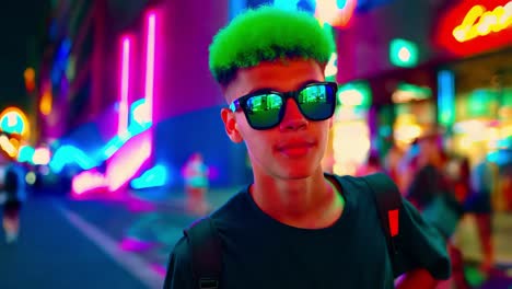 teenager in neon city lights