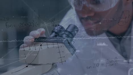 Animation-of-mathematical-equations-over-african-american-scientist-using-microscope-at-laboratory