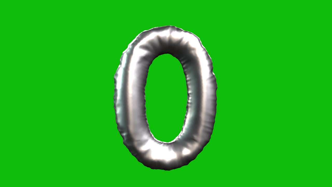 Silver Foil balloon number 0 inflates, spins, and reveals on green screen in 3D animation. Ideal for celebrations, parties, birthdays, and video editing projects