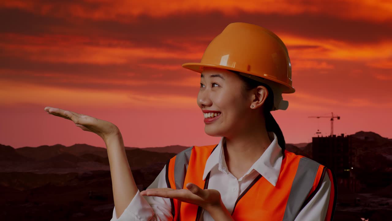 ingeniero sonriente presentando el proyecto al atardecer