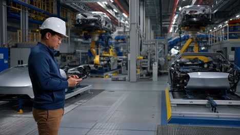 engineer monitoring car manufacturing process with smartphone