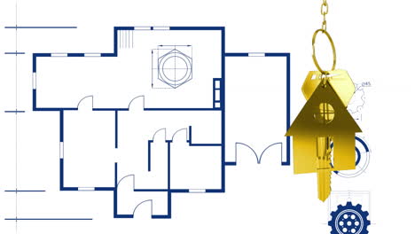 animation of gold house key fob and key over blue floorplan on white background