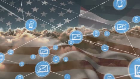 animation of network of connection and icons over usa flag and cloudy sky