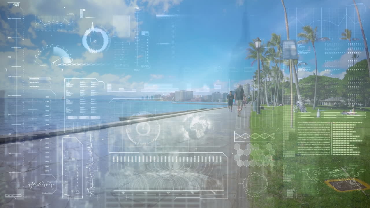 Animation of data processing over fit man running at beach