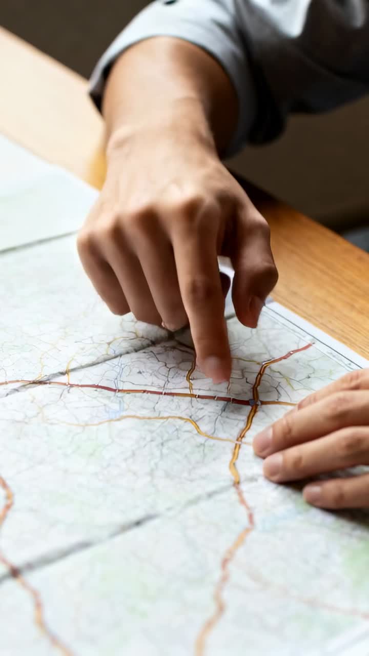 Man tapping then tracing red route on folded paper map, lifting tissue briefly, planning navigation