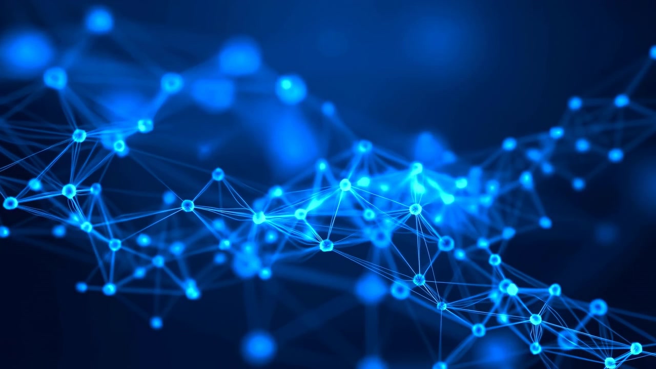 Glowing blue connections and particles move across dark abstract background, forming shifting network structures with bright nodes, deep contrast, and wide horizontal composition for digital themes.