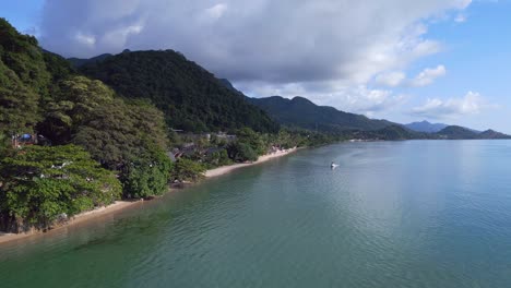 Dramatic-aerial-top-view-flight-landslide-mudslide-destroyed-broken-ruined-Beach-Resort,-Environmental-disaster-Thailand-2022