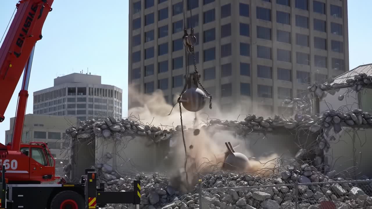 A large wrecking ball swings and strikes an aging building, causing debris to fall in a bustling downtown neighborhood. Construction crews manage the demolition process under clear skies.