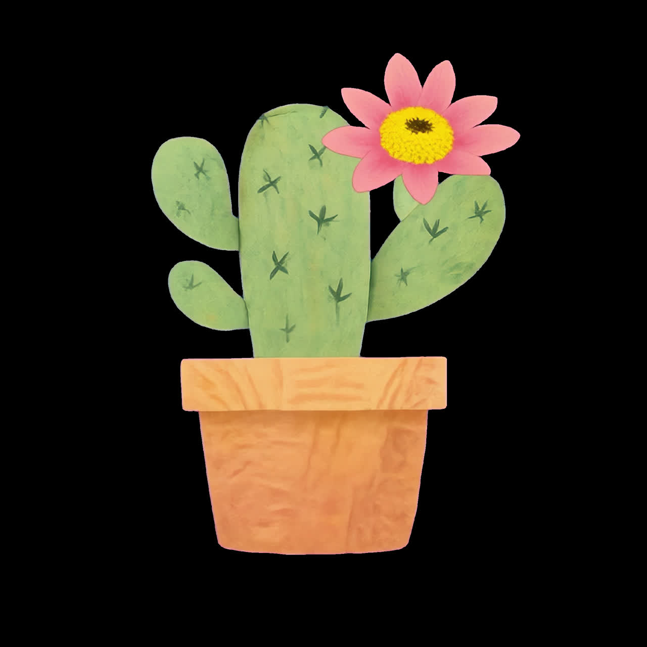 Cactus art with blooming flower animation isolated asset, transparent 4K video, alpha channel