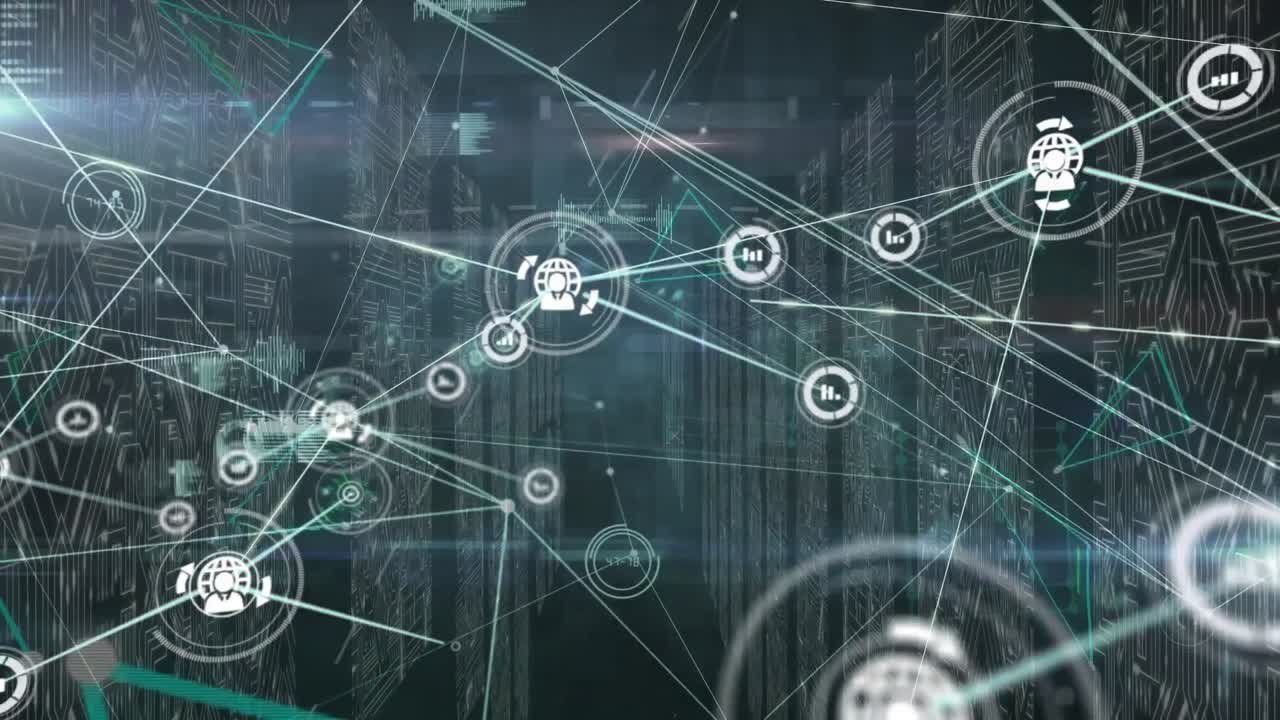 Animation of network of connections with icons over computer servers