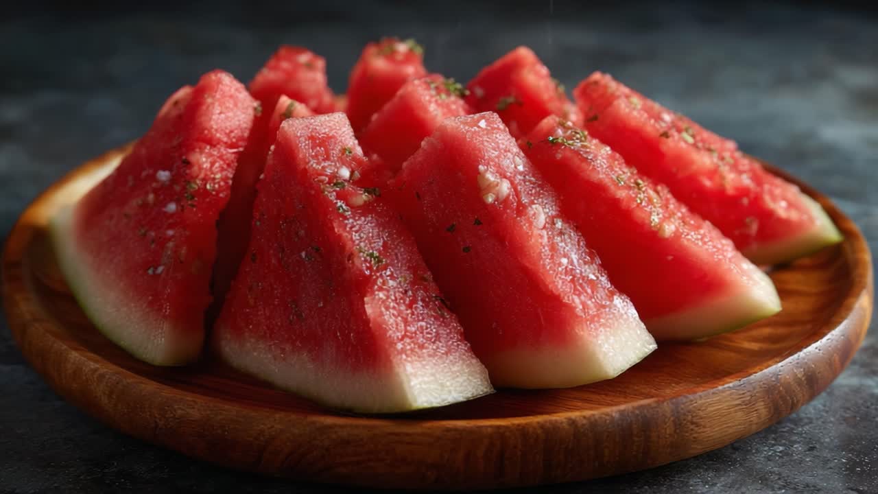 Deliciously Juicy Slices of Watermelon Garnished with a Hint of Salt, Perfectly Arranged on a Wooden Plate for an Exquisite Summer Treat