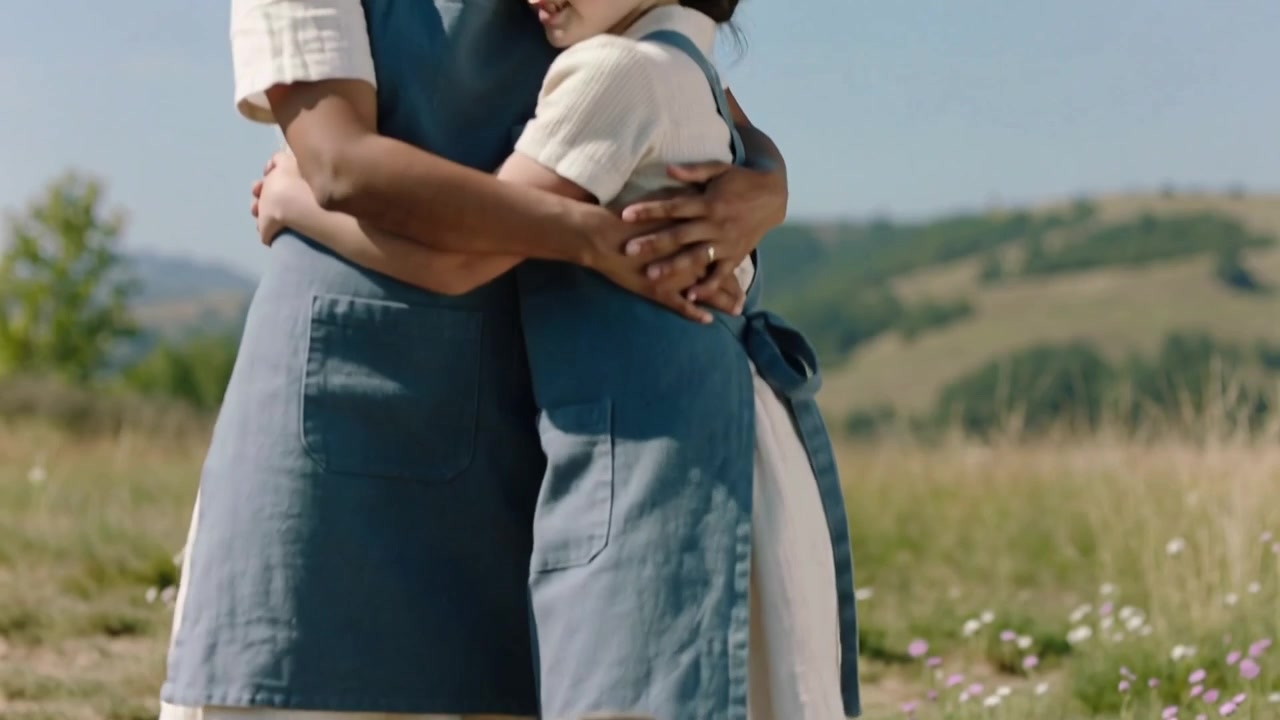 Mamma che abbraccia e consola una bambina che si muove intorno a un secchio di legno in un prato, mentre la telecamera si abbassa, con grembiuli blu.