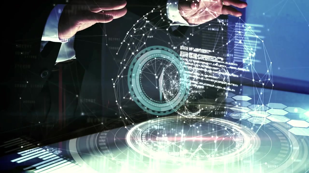 Animation of clock, data processing and globe over caucasian businessman using screen