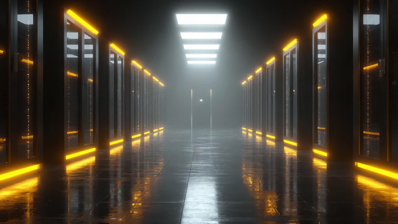 Mystisk korridor med højteknologiske serverrack oplyst af blød gul belysning, hvilket skaber en atmosfære af innovation og forbindelse