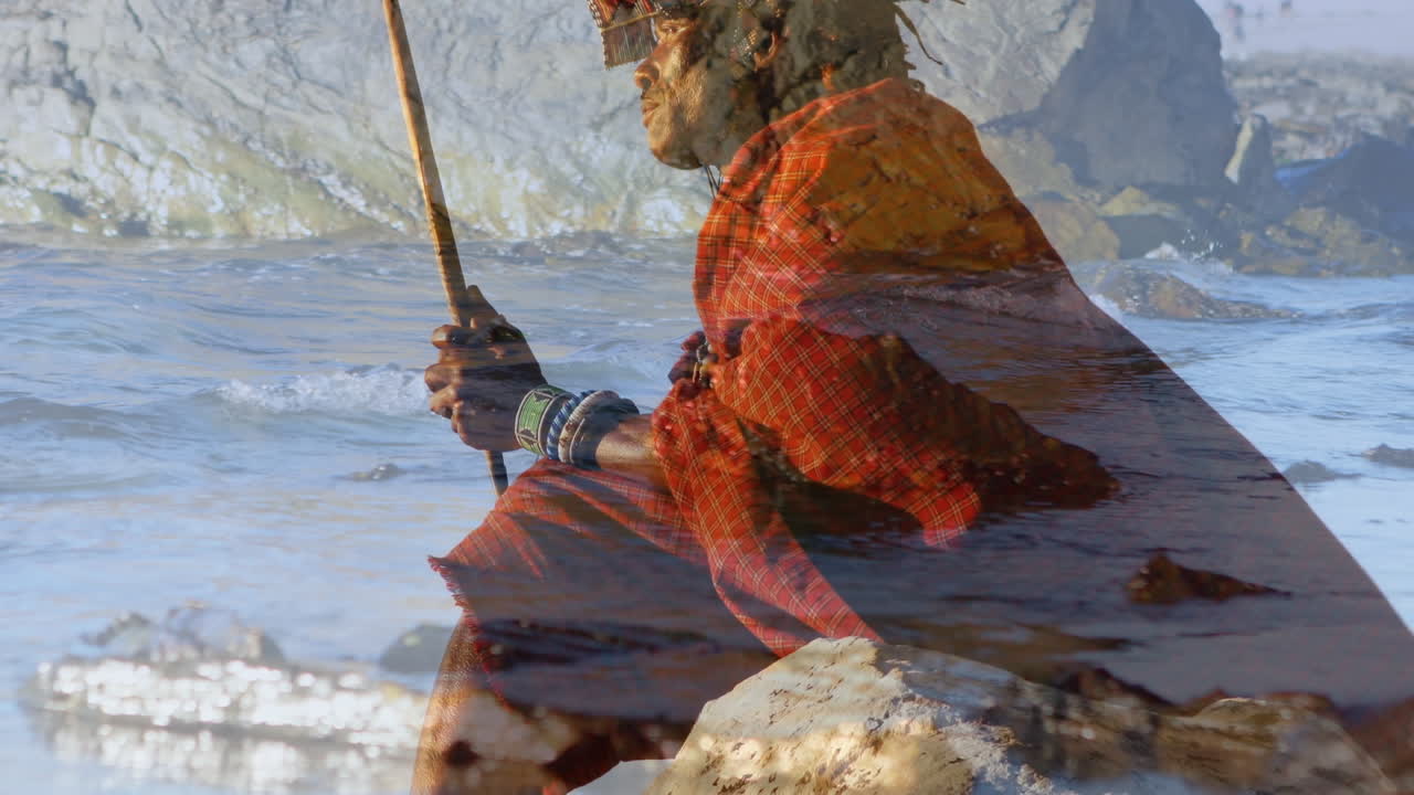 animación de un aborigen masculino sobre un paisaje marino