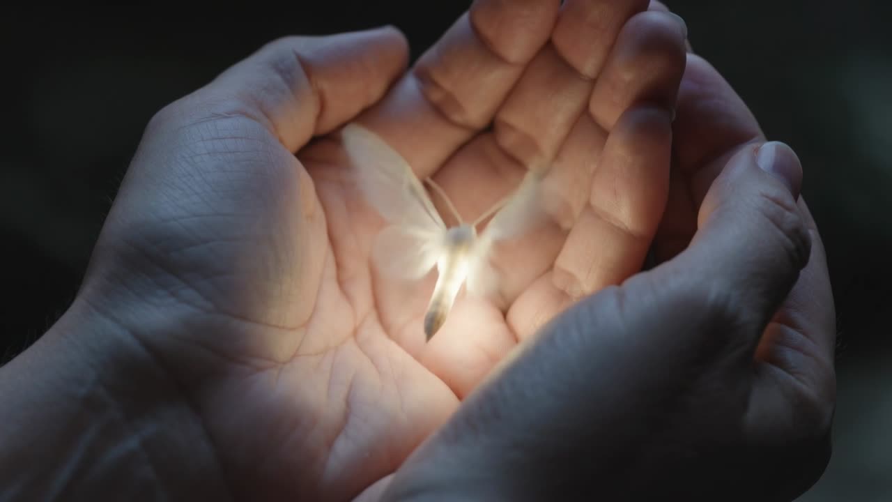 Un paio di mani a coppa che tengono una falena luminosa, il bagliore si concentra mentre le mani si aprono, la falena si libra nella natura