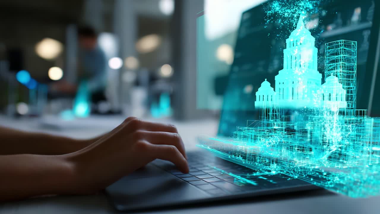 Exploring the Future of Urban Design: An Innovative Digital Model Revealed on a Laptop with a Futuristic Interface Showcasing Architectural Visualizations and Creative Possibilities