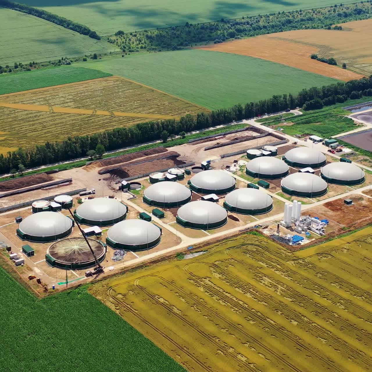 Industrial fuel making factory. Aerial view of gas production stations