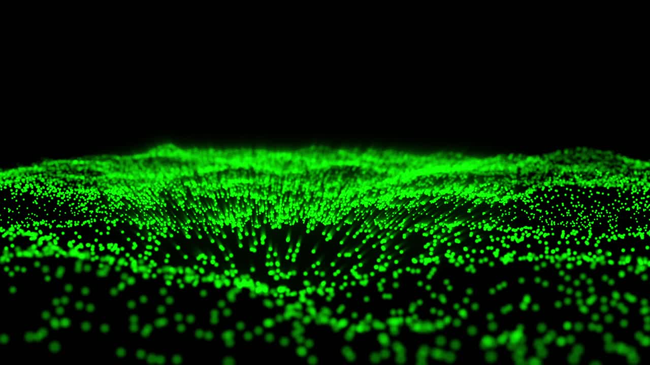 Abstract green particle waves on black background. Glowing digital particles form an undulating surface, ideal for scientific, technological, or abstract backgrounds. Seamless loop