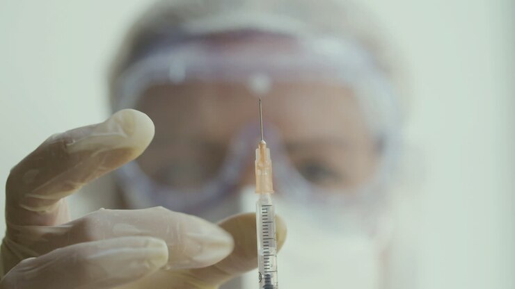 Close-up shot of doctor knocking on syringe with vaccine