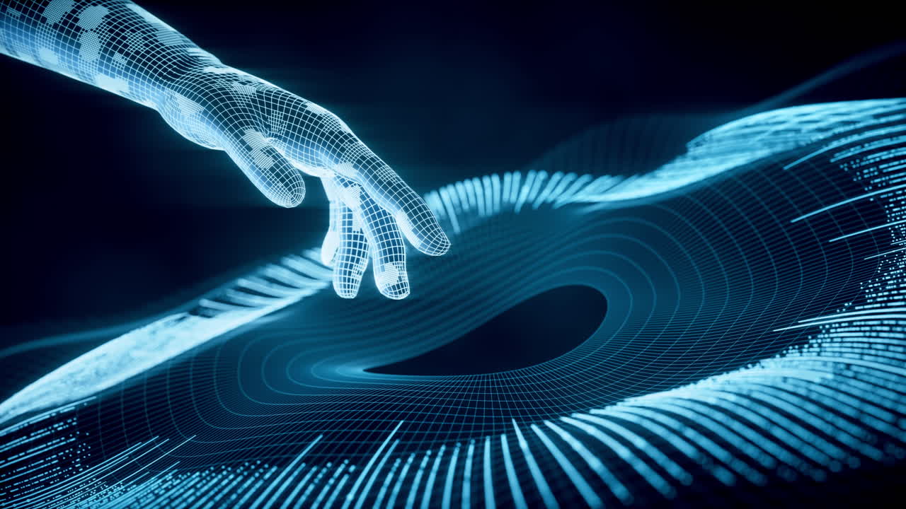 Cyberspace data lines with a virtual hand, 3d rendering.