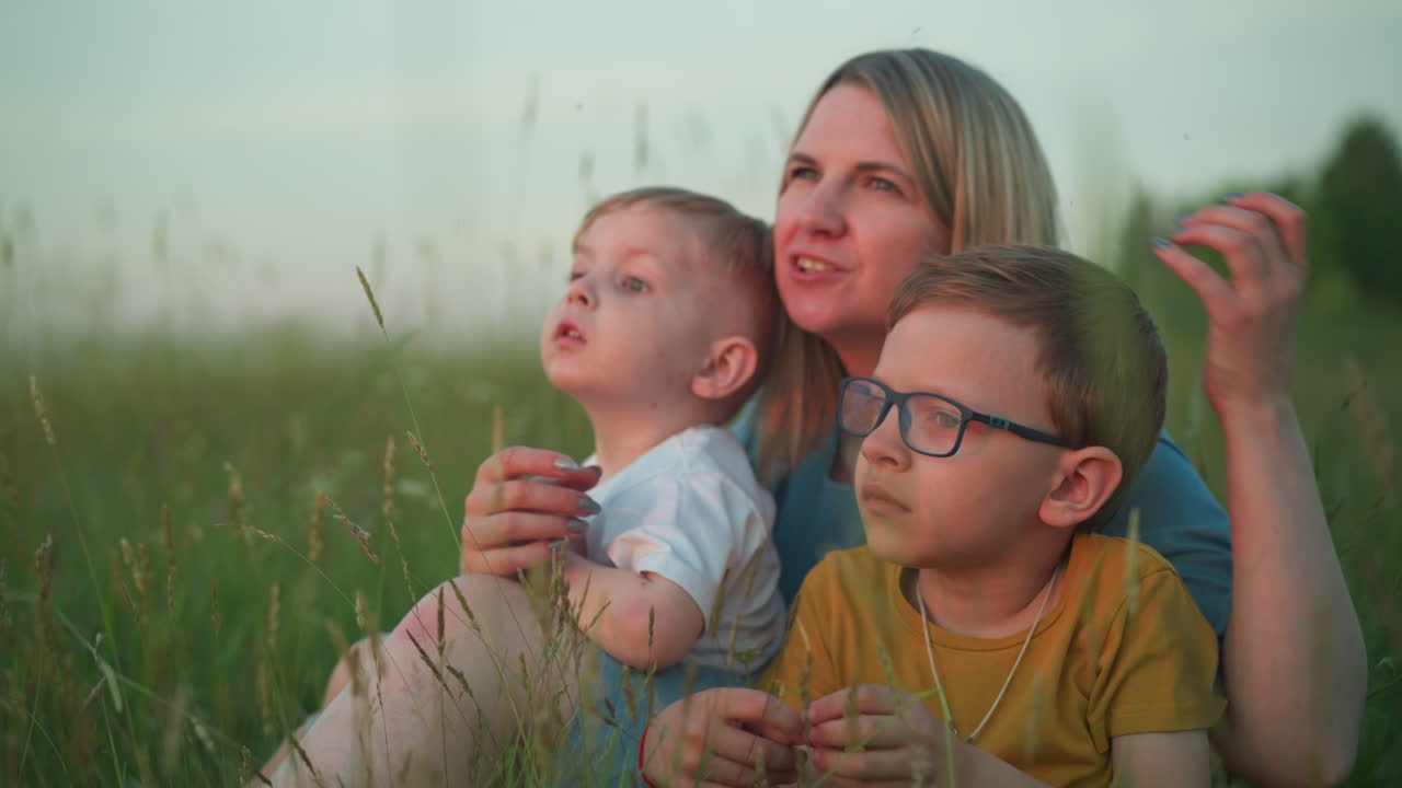 A mother in a blue gown sits in a field with her two children, one in a yellow top with glasses and the other in a white top. They gently touch the grass and stare intently at their surroundings