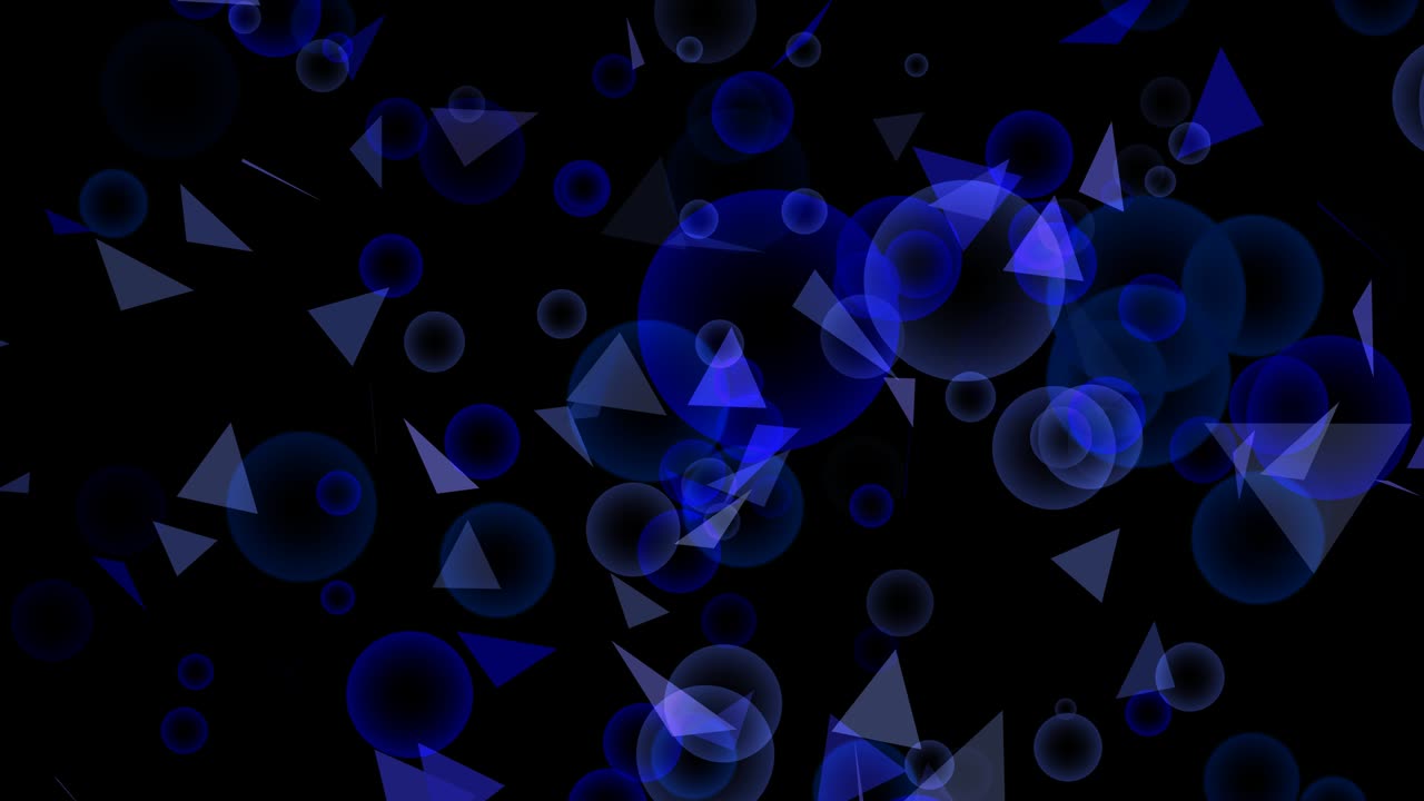 blur bubbles dark blue color multi size and triangel flying motion on black screen background