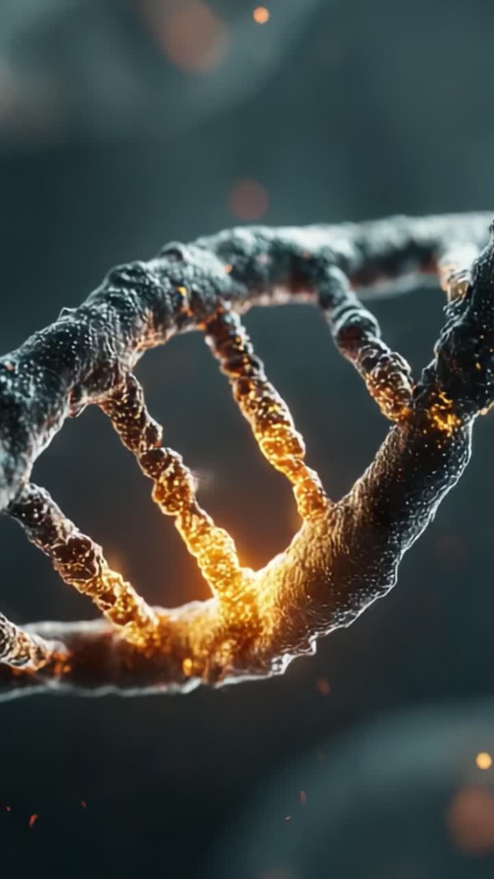 Primo piano complesso di una straordinaria elica del DNA con luce radiosa che rivela la complessità delle strutture genetiche in una visualizzazione mozzafiato