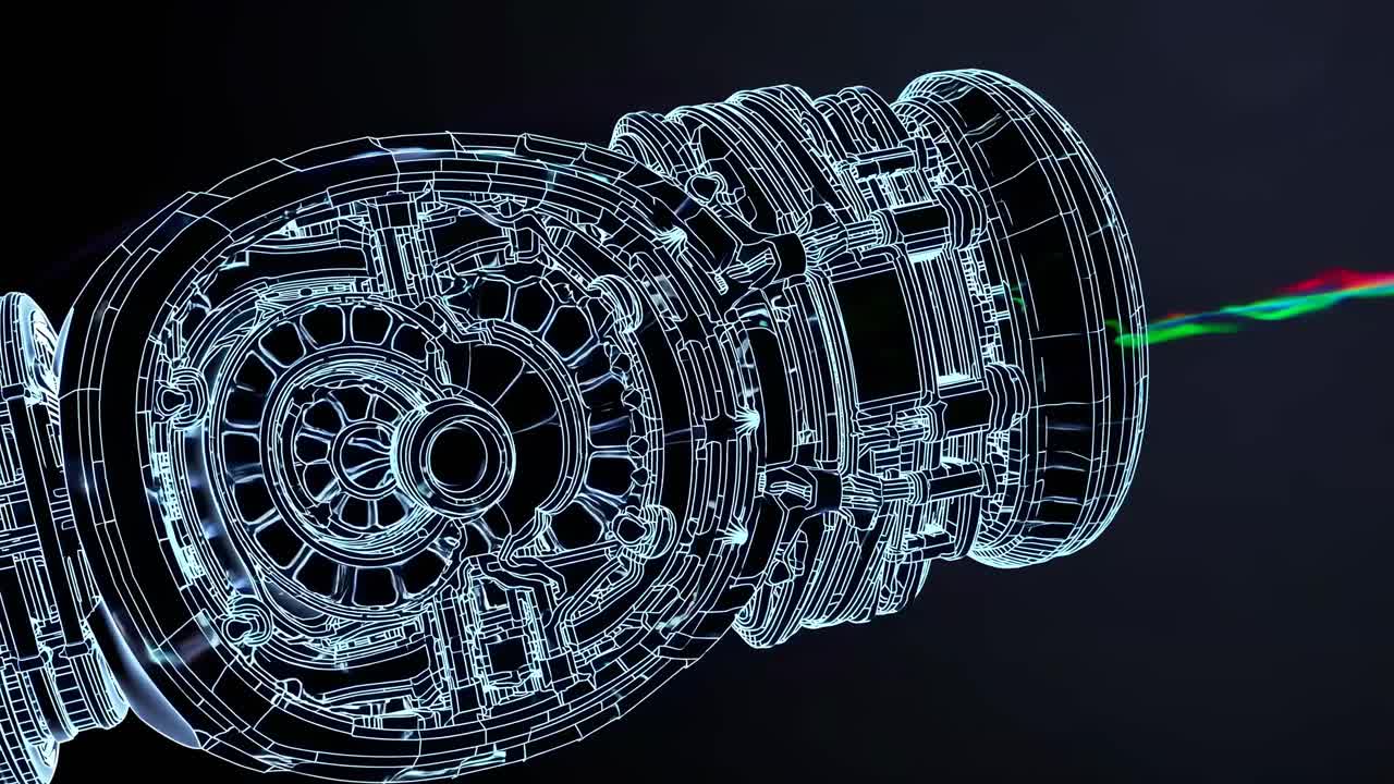 Detailed Wireframe View of a Complex Engine or Machinery Component