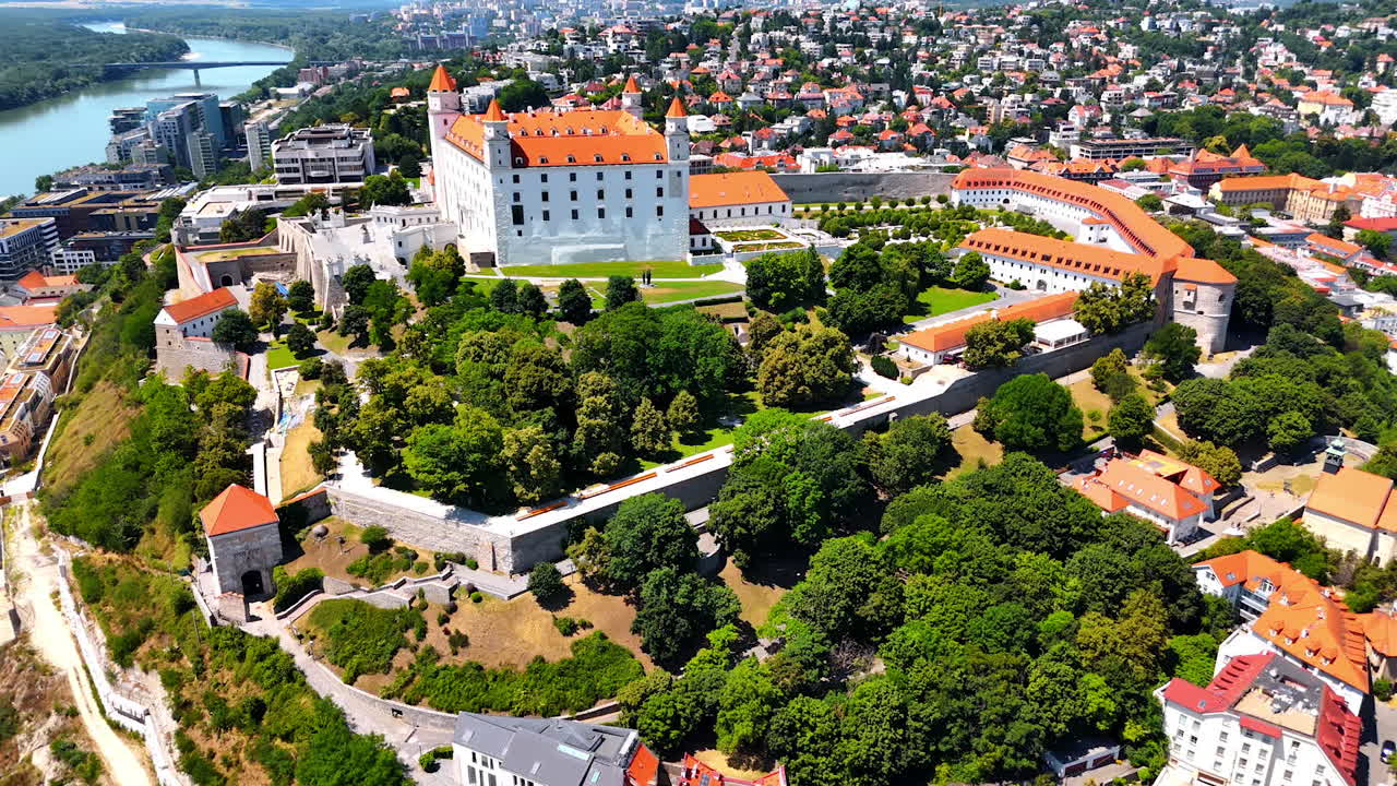 Fight around the stunning territory of Bratislava Castle in Slovakia. Drone footage over the famous landmark on sunny day