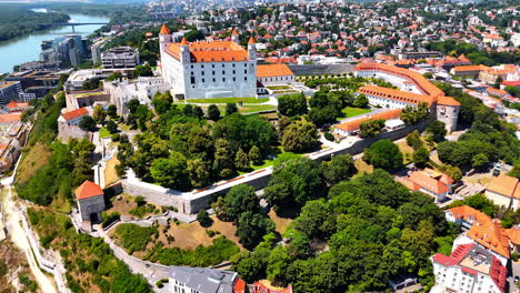 fight around the stunning territory of bratislava castle in slovakia. drone footage over the famous landmark on sunny day