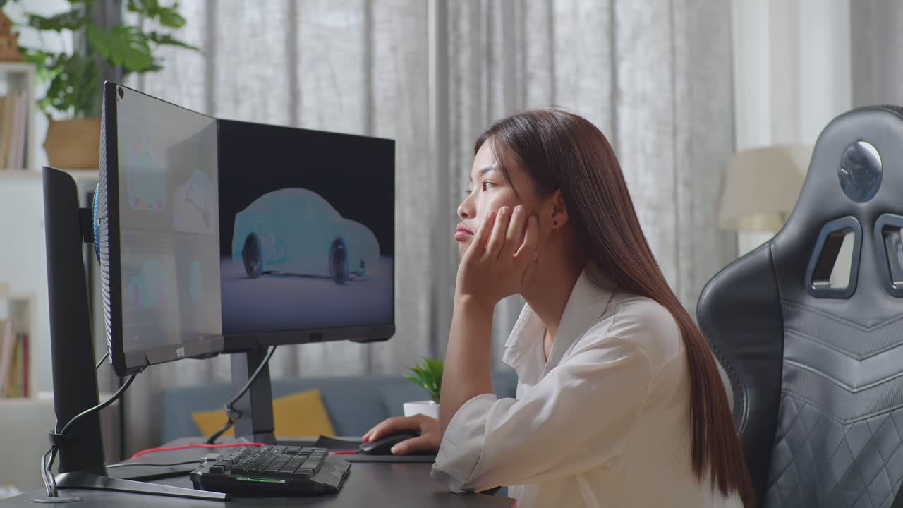 Side View Of Asian Female Automotive Designer Holding Hands On Cheek While Working Boringly On 3D Model Of Ev Car On The Desktop Computers In The Studio