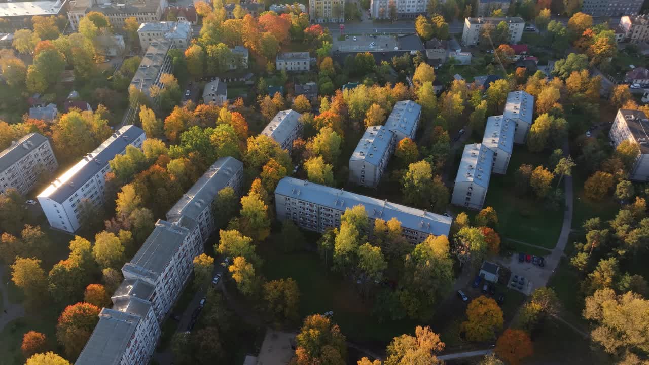 Aerial View of Buildings and Trees in Autumn